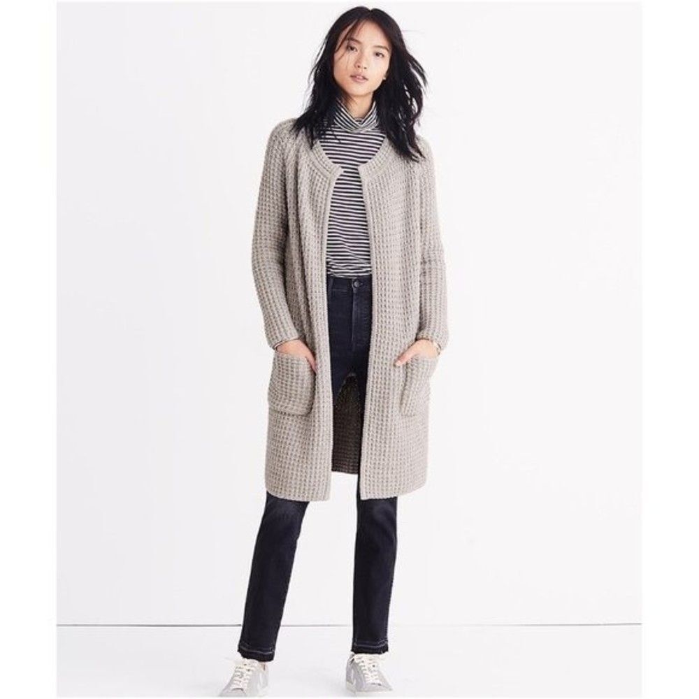 Madewell Stone Gray Wafflestitch Waffle Knit Sweater Open Front Coat XS Cozy